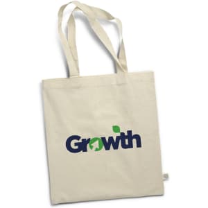 A cream tote bag featuring a logo in blue and green. The bag has two sturdy handles for easy carrying.