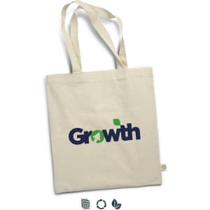 A cream tote bag with long handles featuring a logo in blue and green. Made from recycled cotton.