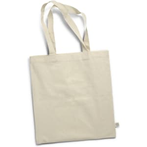 A cream-coloured tote bag with two handles, featuring a small logo on one side.