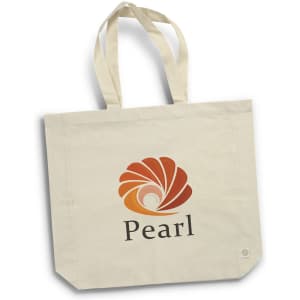 A cream tote bag featuring a logo with a stylised shell design and the word "Pearl" underneath.