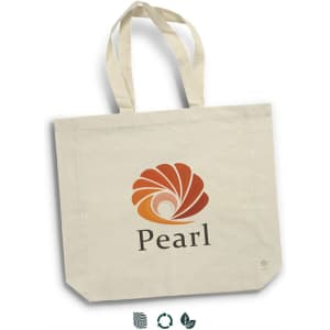 A cream tote bag featuring a logo and a design in orange and brown tones. It has two sturdy handles.