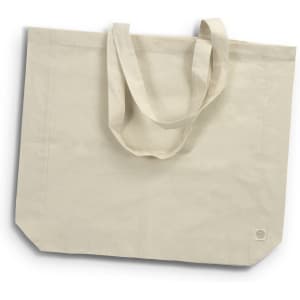 A beige recycled cotton tote bag with two handles and a small logo on one side.