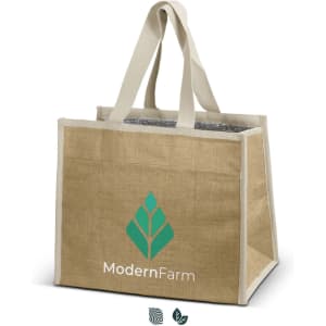 A jute cooler bag in tan with light-coloured handles and a logo on the front.