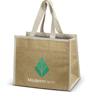 A jute cooler bag in natural beige with sturdy handles and a logo on one side. The interior is insulated.