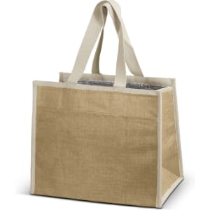 A jute cooler bag in natural brown with cream handles, featuring a silver insulated interior.
