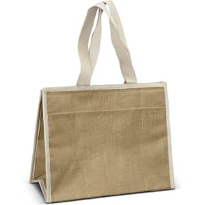 A beige jute cooler bag with white handles and an additional pocket on the front.