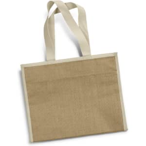 A jute cooler bag in a natural tan colour with contrasting cream straps and an uncomplicated design.