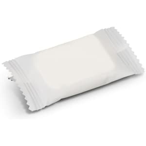A white compressed towel packaged in a small, clear plastic wrapper. The package features a simple design.