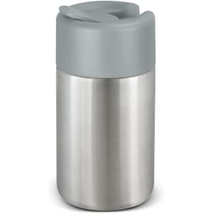 A drink bottle featuring a stainless steel body and a grey lid, with a logo on the surface.