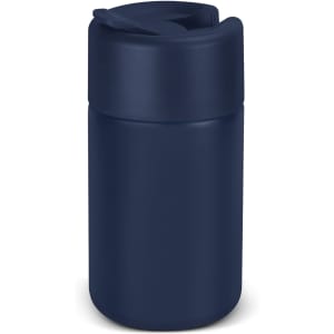 A drink bottle in dark navy blue with a secure, flip-top lid and a smooth, matte finish. Features a logo.