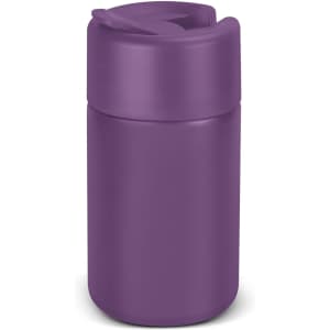 A drink bottle in a solid purple colour with a secure, flip-top lid and a sleek design. It has branding on the surface.