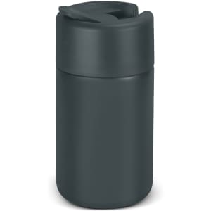 A drink bottle in dark green with a twist-off lid and a sleek, matte finish. It has a logo on the front.