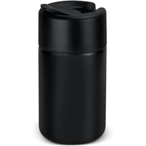 A drink bottle featuring a sleek black design and a lid with a spout. It includes a logo.