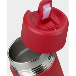 A drink bottle in bright red with a silver interior and a flip-top lid. Features a logo on the body.
