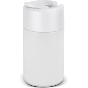 A drink bottle in a sleek, white design with a push lid and curved body, featuring a logo.