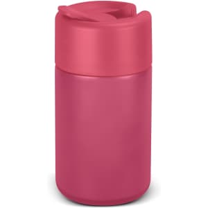 A drink bottle in a vibrant pink hue with a sealed top and a logo on the body.