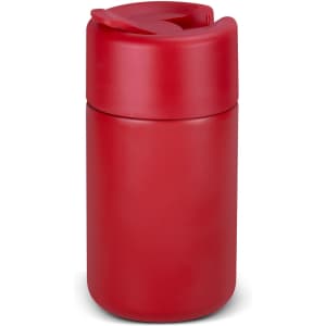 A drink bottle with a sleek red exterior and a flip-top lid. It features a logo on the surface.
