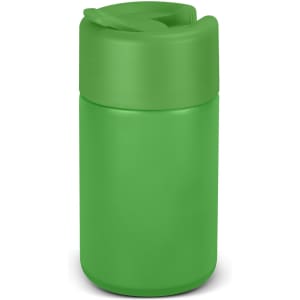 A drink bottle in bright green with a sleek design and a flip-top lid, featuring a logo.