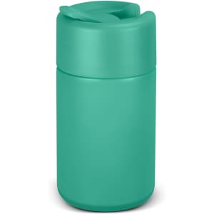 A drink bottle in a matte turquoise finish with a spill-proof lid and branding.