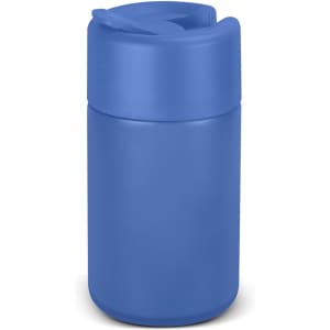 A drink bottle in a solid blue colour with a screw-top lid and a small opening for sipping. It has a logo.