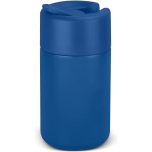 A drink bottle in a deep blue colour with a lid featuring a spout, designed for easy sipping. It has a logo on the surface.
