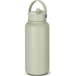 A drink bottle in a pale green colour with a screw-on lid and a sturdy handle. Features a logo.