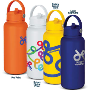 A drink bottle collection featuring orange, white, yellow, and blue bottles with various designs and a logo.