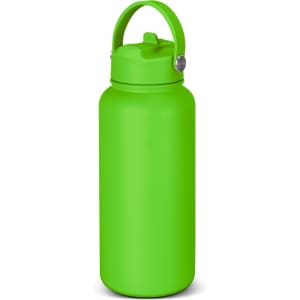A drink bottle in vibrant green, featuring a handle and a secure lid, with a logo on the side.