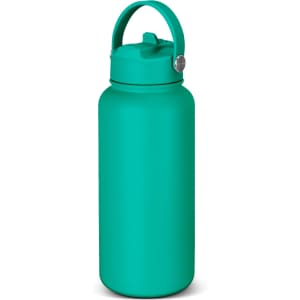 A drink bottle in a vibrant teal colour with a secure lid and a carry handle. It features a branding logo.