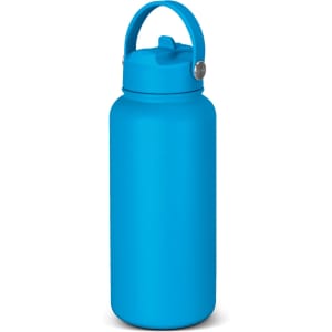 A drink bottle in a vibrant blue colour with a handle and a screw-on lid, featuring a branding logo.