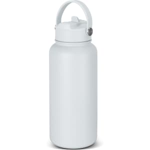 A drink bottle in a light blue hue with a handle and a secure lid, featuring a logo.