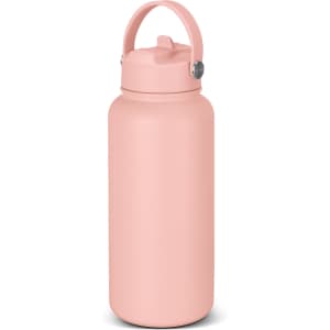 A drink bottle in a soft pink colour with a sturdy handle and a silver accent. It features a logo on the side.