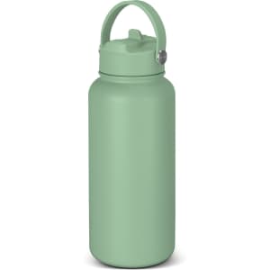 A drink bottle in a soft green colour with a screw top lid and carrying handle. It features a logo on the side.