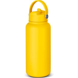 A drink bottle in bright yellow with a carrying handle and a screw-on lid, featuring a logo.