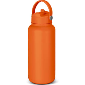A drink bottle in bright orange featuring a handle and a secure lid. It has a logo on the body.