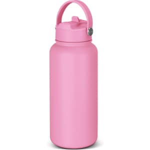 A drink bottle in a vibrant pink shade with a flip-top lid and a handle for easy carrying. It features a logo.
