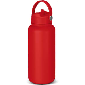 A drink bottle in a bright red colour with a handle and a lid, featuring a logo.