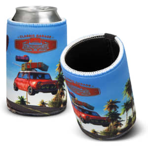 A drink bottle holder featuring a blue design with a vintage car and luggage, alongside palm trees and a logo.