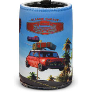 A drink bottle holder featuring a blue design with a red car and tropical imagery, showcasing a logo.