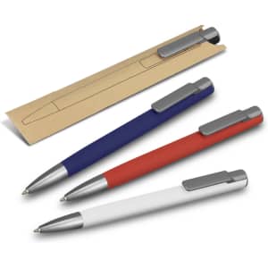 A set of three SPICE Slide Pens in red, blue, and white, featuring silver accents, displayed with a packaging sleeve.