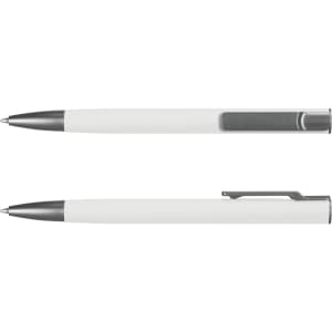 A metal pen with a sleek white barrel and silver accents, featuring a clip and a logo.