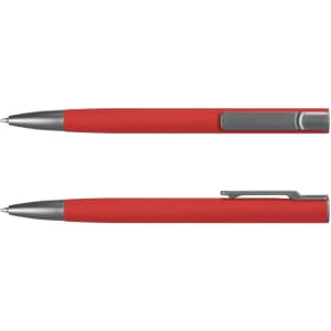 A red metal pen with a silver clip, featuring a smooth, sleek design and a metallic finish.