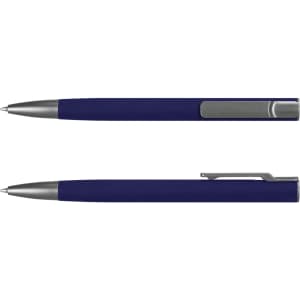 A navy blue metal pen with a sleek design, featuring a silver clip and tip. It includes a logo.
