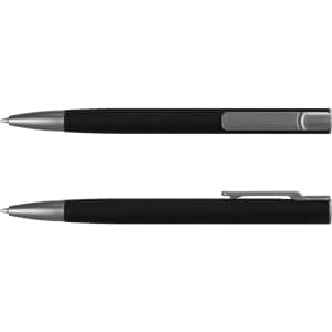 A black metal pen with a sleek silver clip and tip, featuring a modern design. It includes a logo on the body.