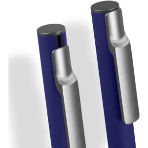 A blue metal pen with a silver clip and tip, featuring a sleek and modern design. Includes branding on the body.