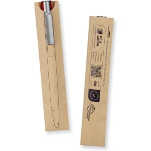 A metal pen in silver, displayed with a cardboard packaging design featuring a logo.
