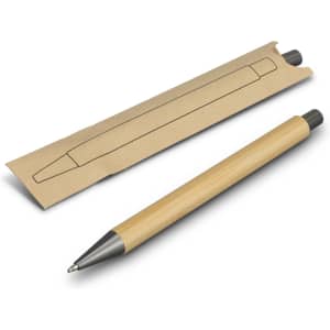 A bamboo pen with a silver tip, displayed next to its cardboard packaging featuring a simple design.