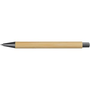 A bamboo pen with a grey tip and barrel, featuring a sleek and eco-friendly design. It has a logo displayed.