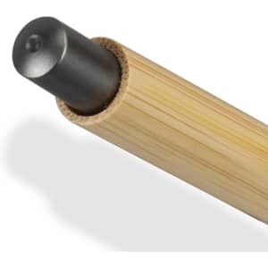 A bamboo pen with a metallic tip and a cylindrical design, featuring a logo on the surface.