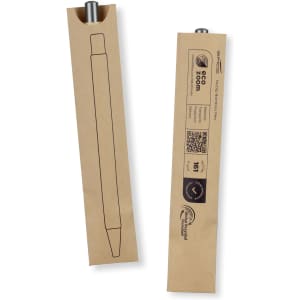 A bamboo pen in a kraft paper sleeve, featuring a silver nib and a simple design. Branding is present on the packaging.
